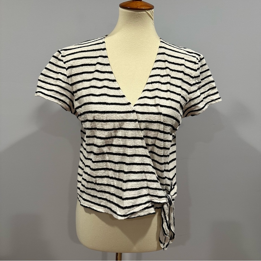 Madewell Texture & Thread Cotton Striped Short Sleeve Cropped Wrap Top Size M